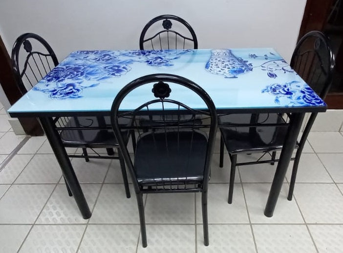 Glass Dining Table A31-M24-2 with 4 Chair Set Blue Flowers