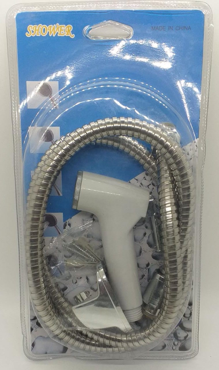 Shower Hand Held White with Chrome Hose & Press Button