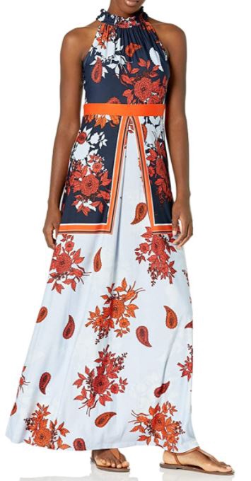GABBY SKYE Dress Casual Mock Neck Floral Print Maxi Orange