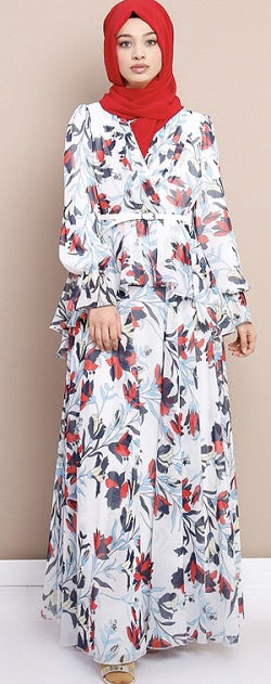 DMN Dress White Floral with Belt (Red & Blue Flowers)