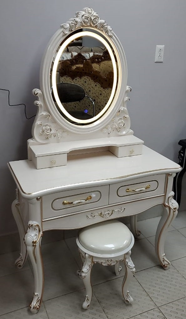 Dresser with Lighted Mirror & Seat 8023 White (Cream) and Gold