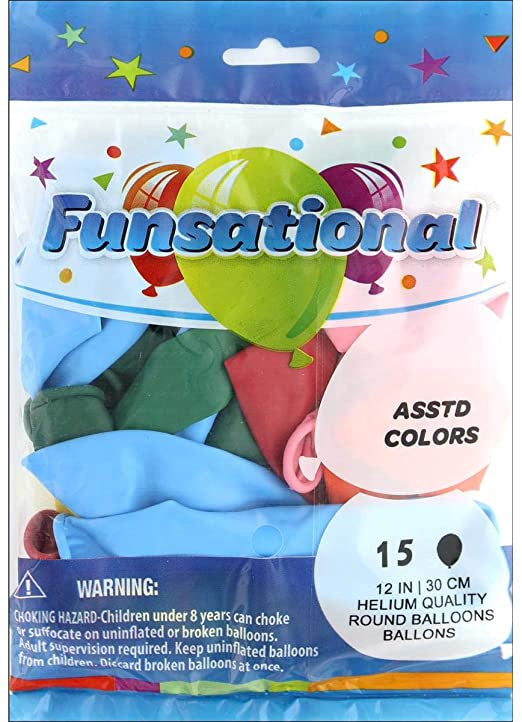 Party Balloons Funsational 12" 30CM 15PCS Pack Helium Quality Round Standard Asst,