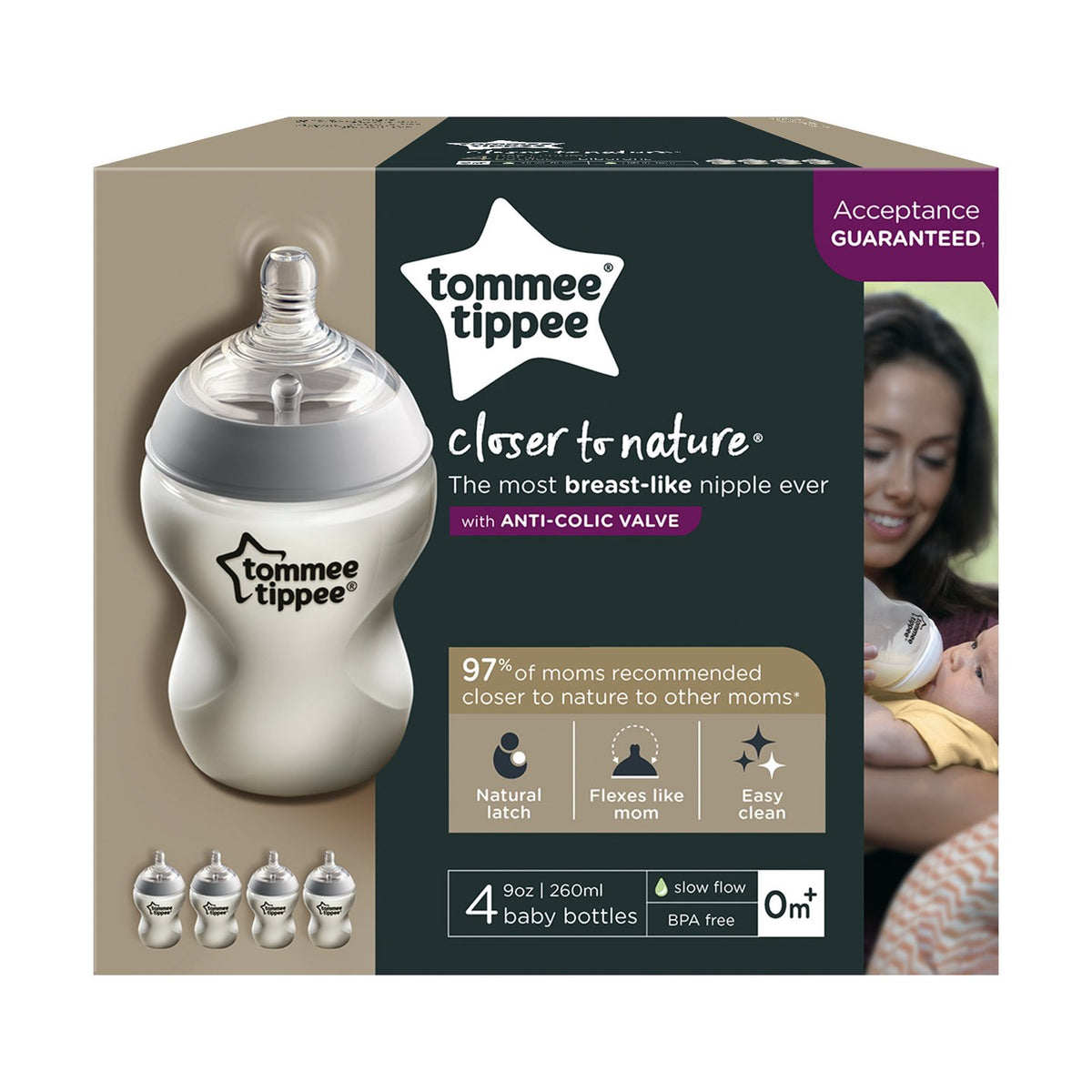 TOMMEE TIPPEE Baby Bottle Closer to Nature ANTI-COLIC, BREAST-LIKE Nipple, BPA-FREE Slow Flow 9 Ounce 4 Pcs Translucent