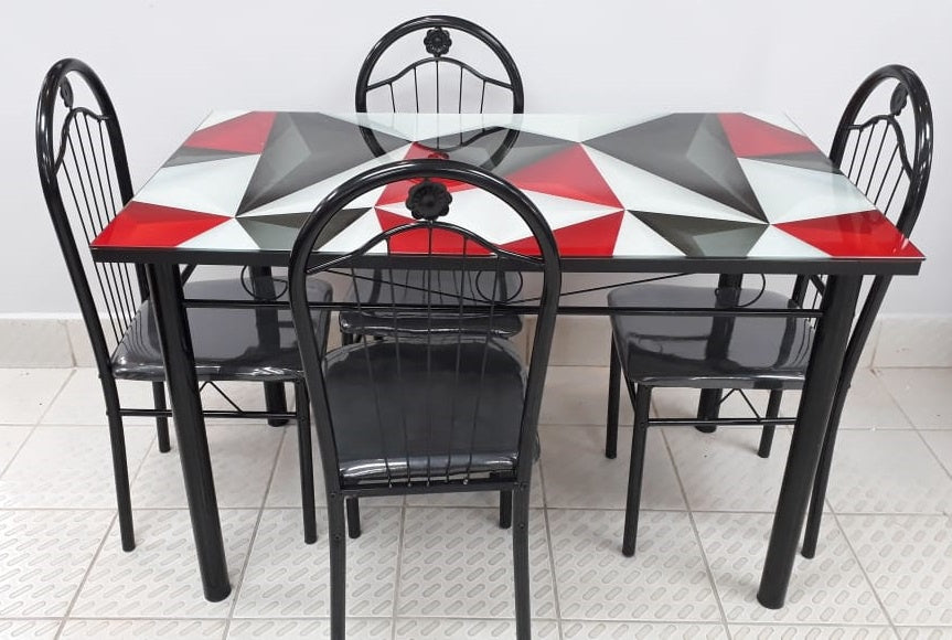 Glass Dining Table A31-2017-8 with 4 Chair Set Red and Black