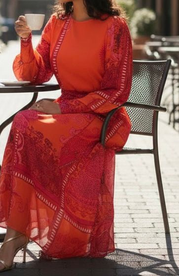 Dress Lined Floral Print Orange