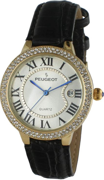 PEUGEOT Watch Women's 14K Gold Plated Round, with Roman Numerals, Calendar & Leather Band