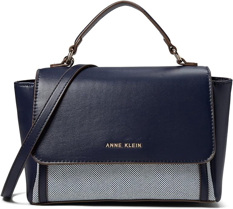 ANNE KLEIN Bag Satchel Color Blocked Canvas Flap Tan / Navy