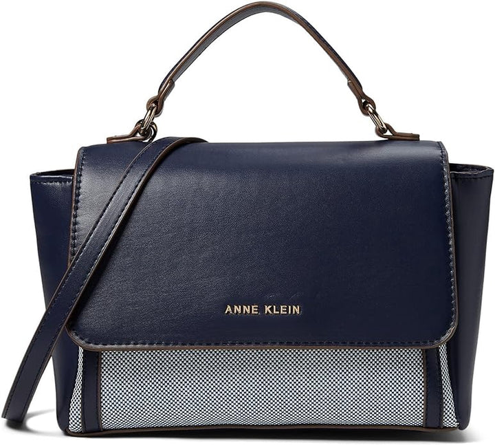 ANNE KLEIN Bag Satchel Color Blocked Canvas Flap Tan / Navy