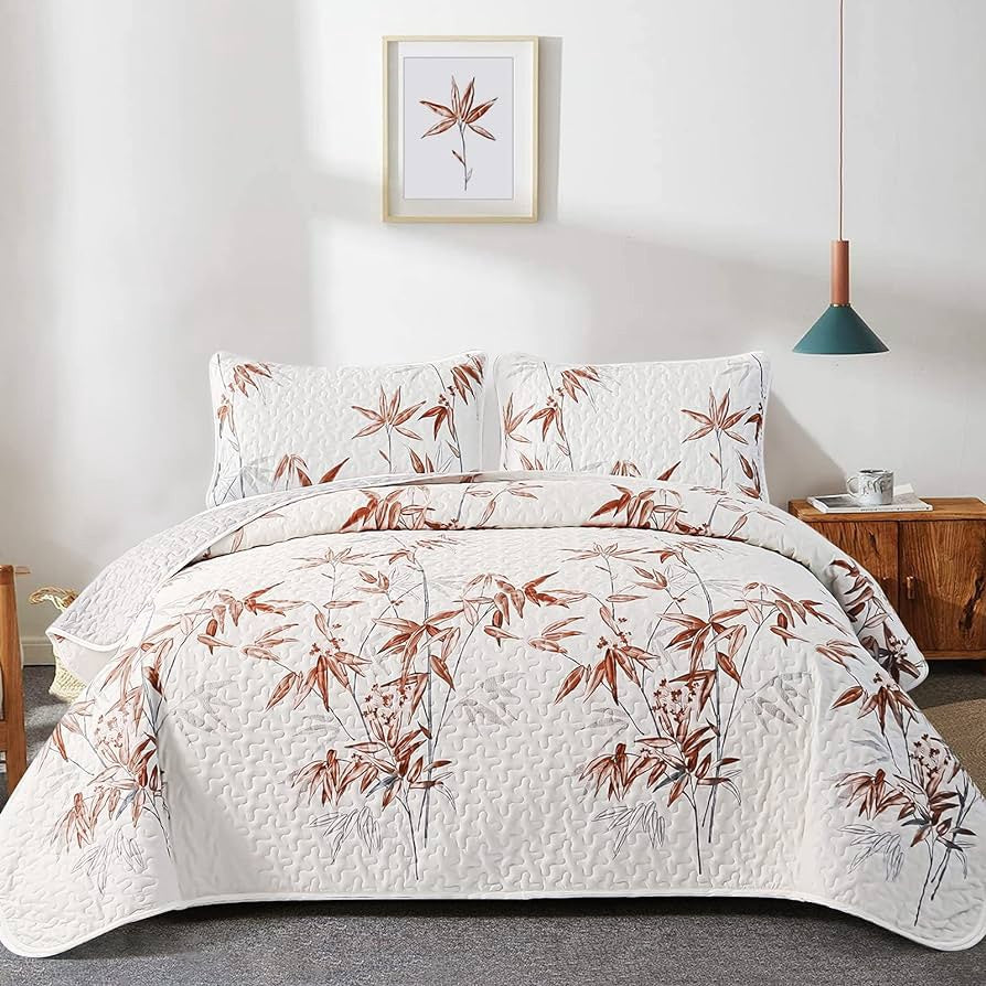 Quilt Set Lightweight King / Queen Botanical 3PC White & Burnt Orange