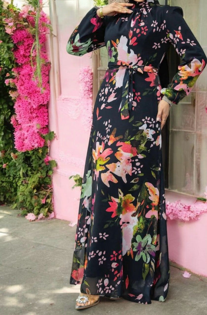 Dress Lined Floral Black / Beige