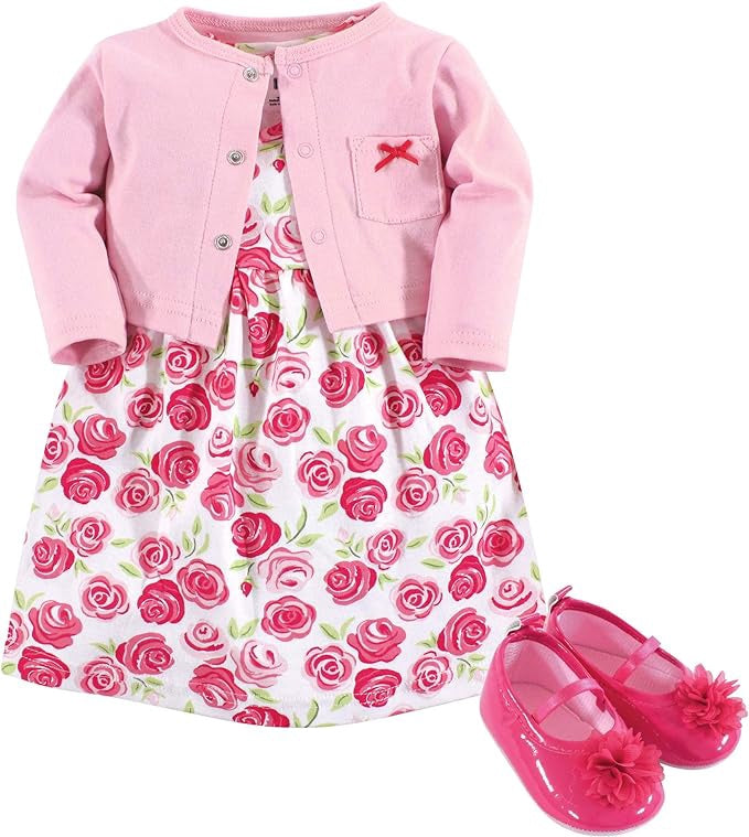 HUDSON BABY Baby Dress Set Hudson W/ Cardigan & Shoe Print / 9-12M / Baby Pink Rose