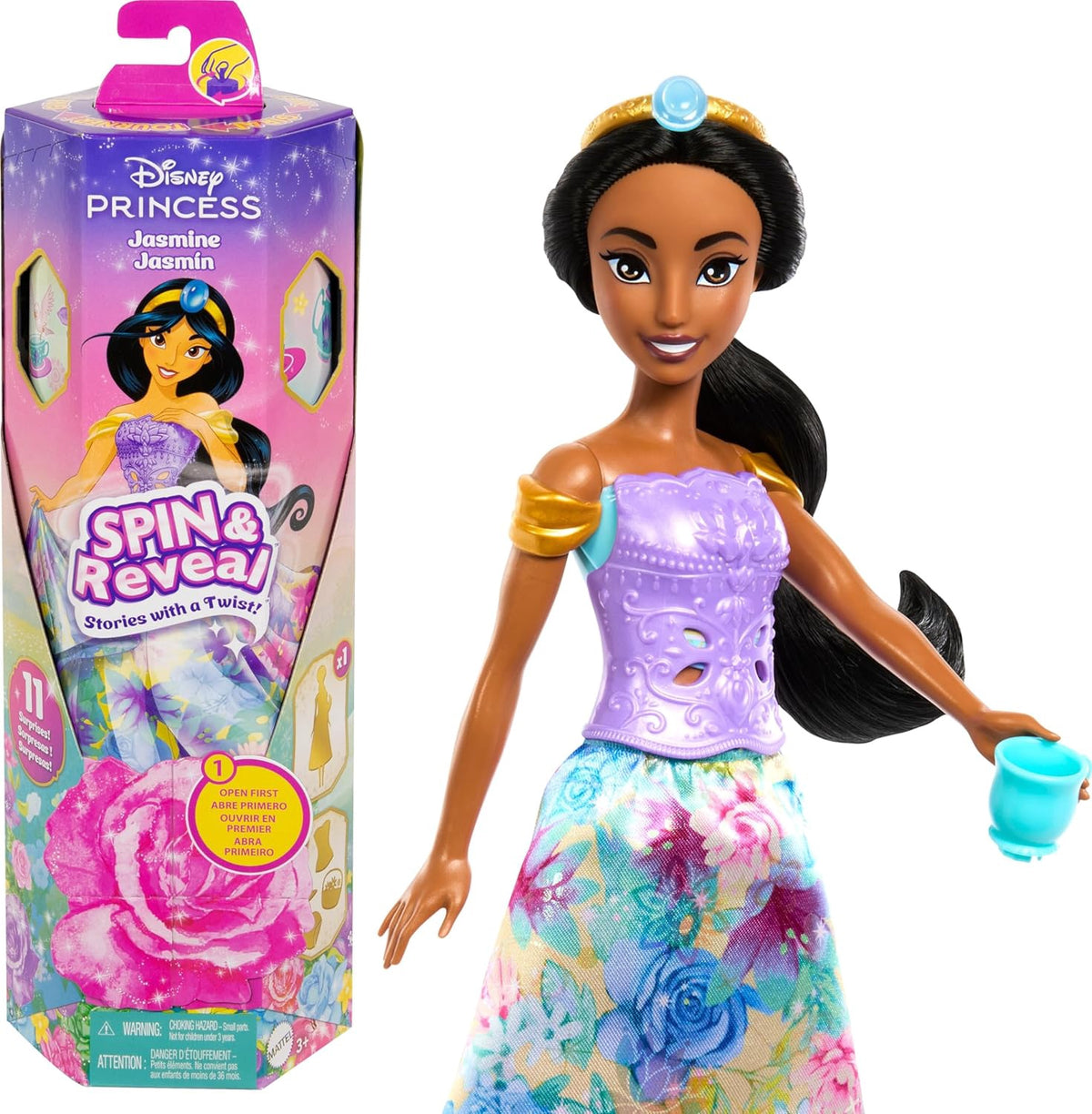 DISNEY Toy Princess Doll Jasmine Spin & Reveal with 11 Surprises