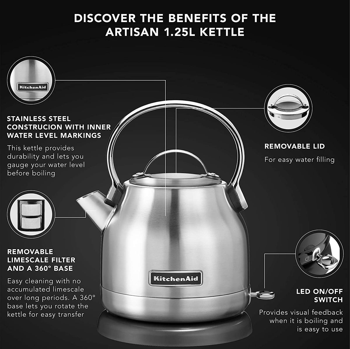 KITCHENAID Kettle KEK1222SX 1.25L Brushed Stainless Steel 1Y