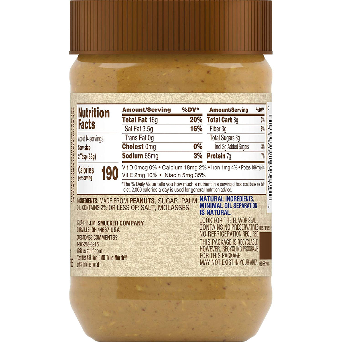JIF Peanut Butter Natural Crunchy 16OZ 454G