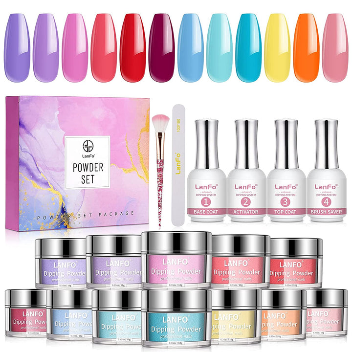 Nail Powder Kit Starter 12 Colors Dip Collection Lanfo