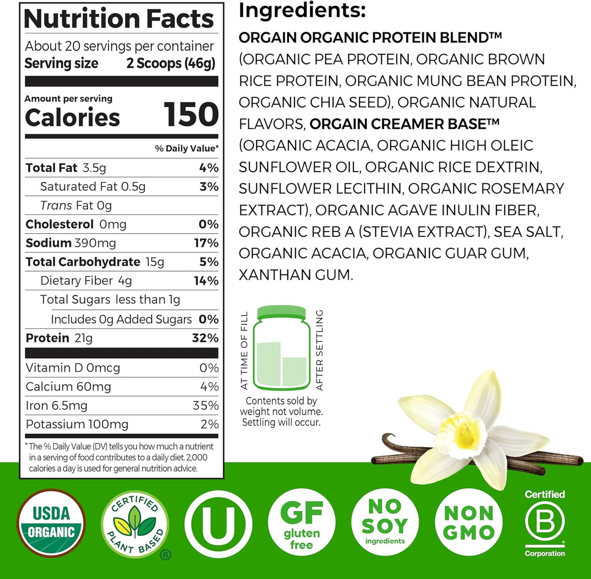 ORGAIN Supplement Protein Powder Organic Vegan Vanilla Bean 2.03LB