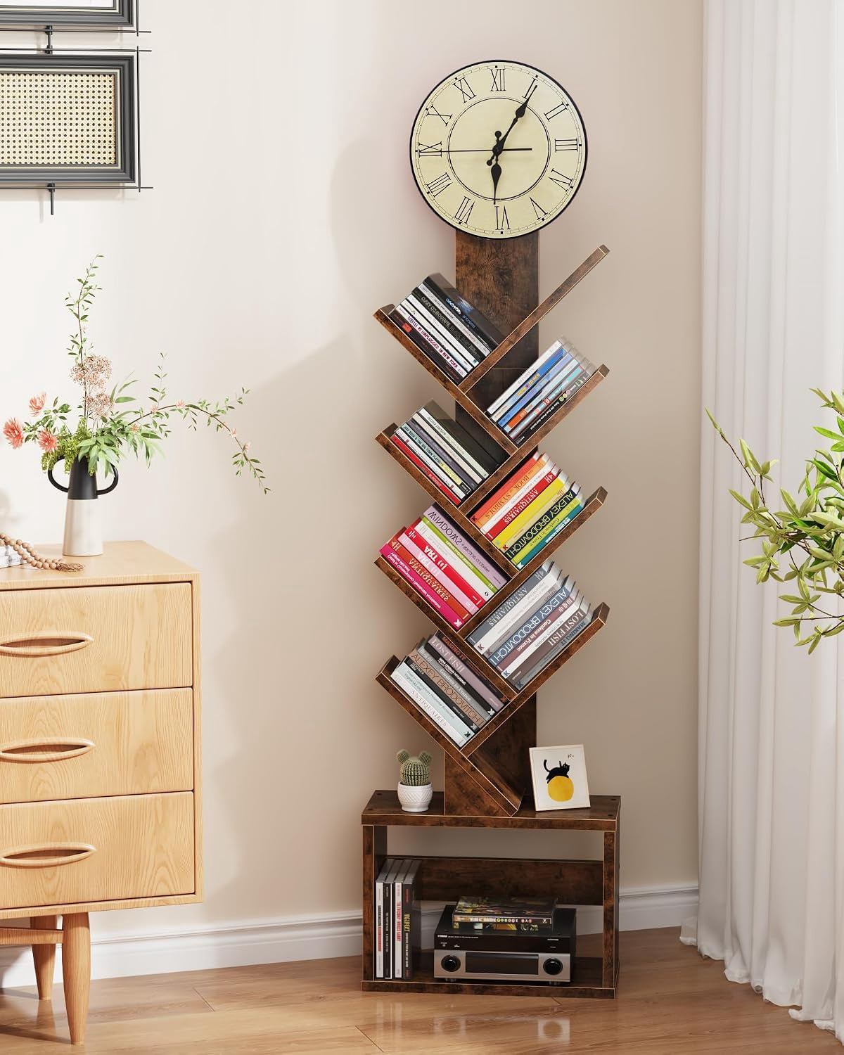 Bookshelf 7 Tier Tree W/ Clock Brown