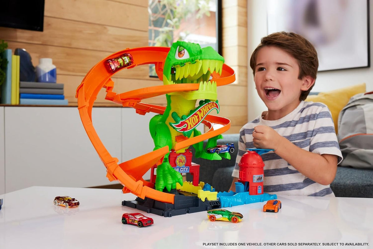 HOT WHEELS Toy Car Track Set City T-REX Blaze Battle