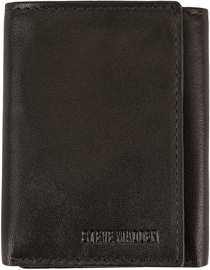STEVE MADDEN Wallet Men Rfid Trifold Dark Brown / Black Leather with Id Window