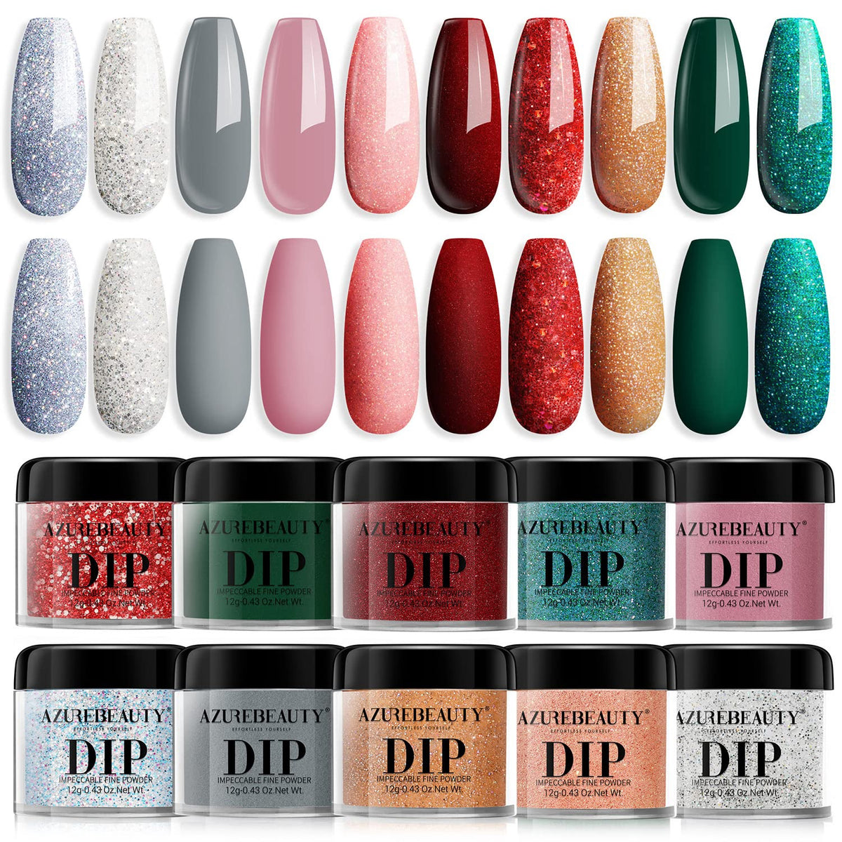 AZUREBEAUTY Nails Dip Powder Kit 10 Colors Nude Pink Grey/ Glitter Red & Green