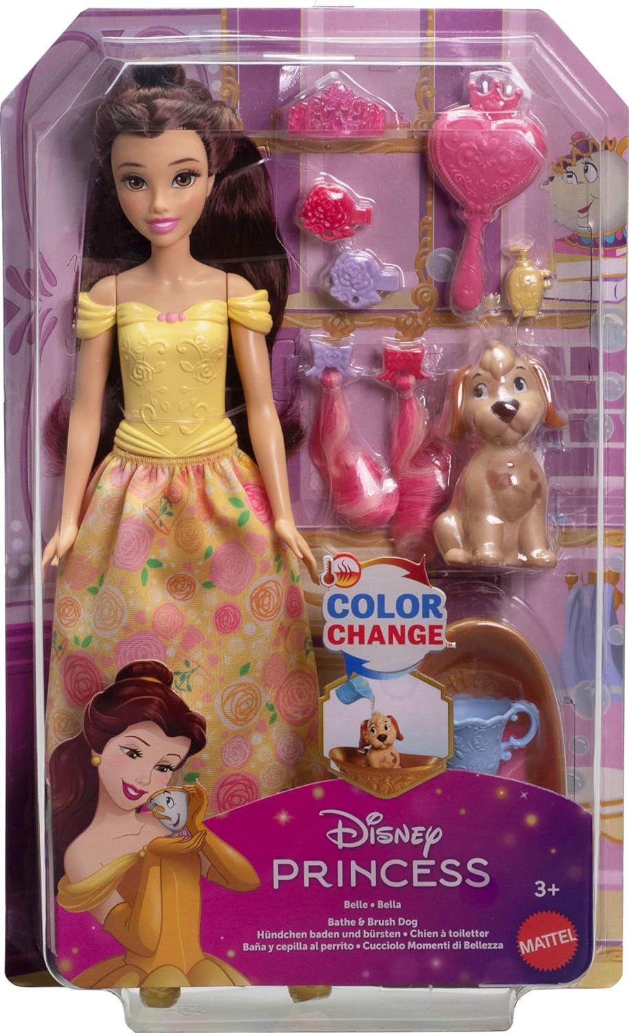 DISNEY Toy Princess Doll Belle & Dog Figure with Color Change Spots