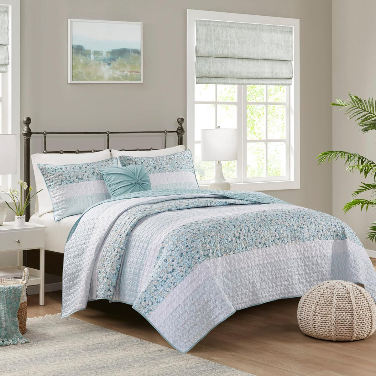 MADISON PARK Quilt Set Blue Print Seersucker 4PCS Queen