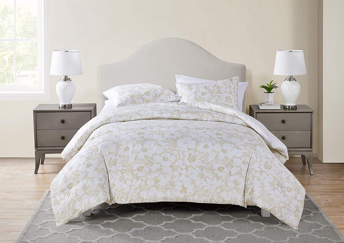 TAHARI Comforter Set Ultra Soft QUEEN/FULL 3PC Set White Taupe