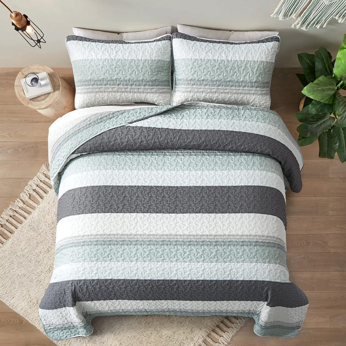 Quilt Set Stripe Queen 3PC Mint Grey