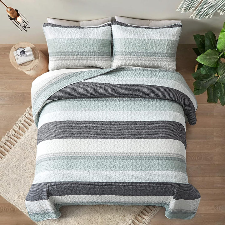 Quilt Set Stripe Queen 3PC Mint Grey