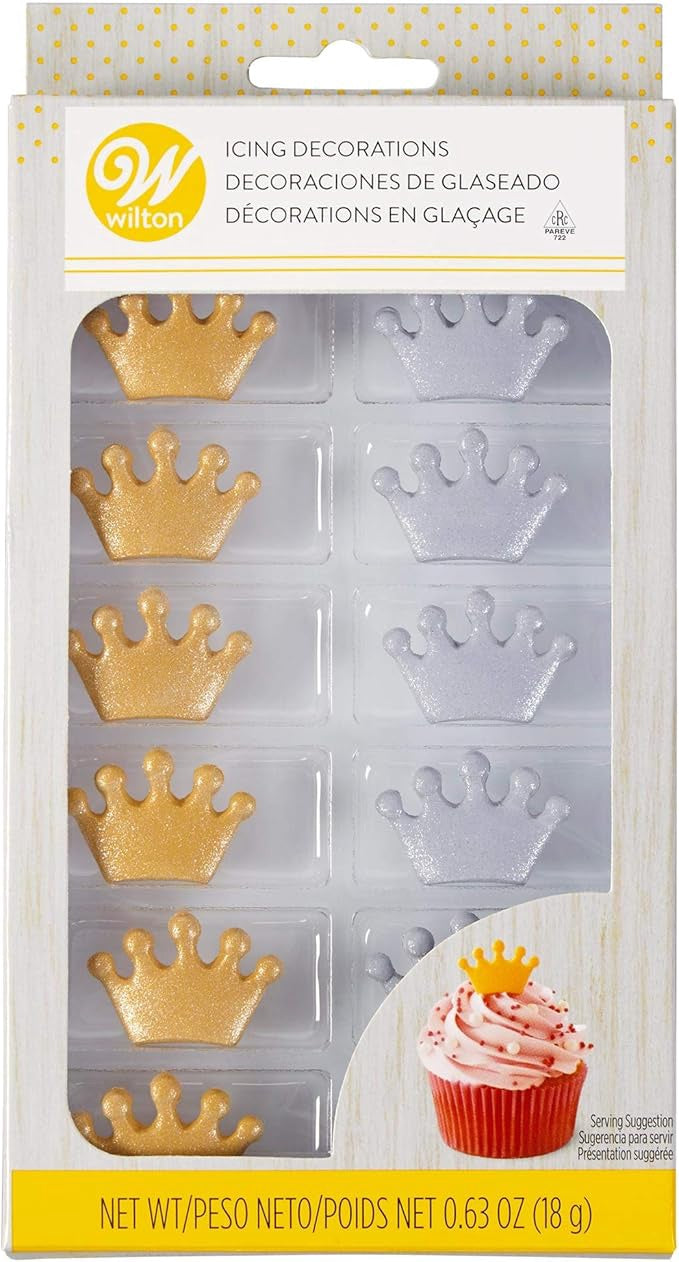 WILTON Baking Icing Decorations 12PCS Crowns Gold & Silver 0.63OZ 18G 710-6425