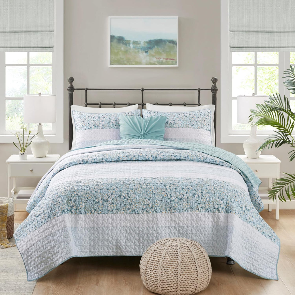 MADISON PARK Quilt Set Blue Print Seersucker 4PCS Queen