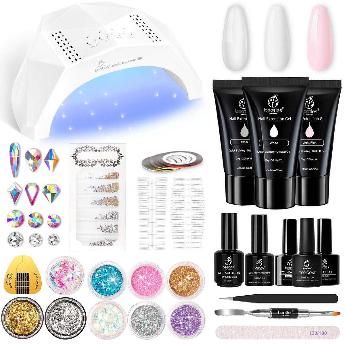 BEETLES Nail Poly Extension Gel Kit with 48W Lamp (Black Floral Box)