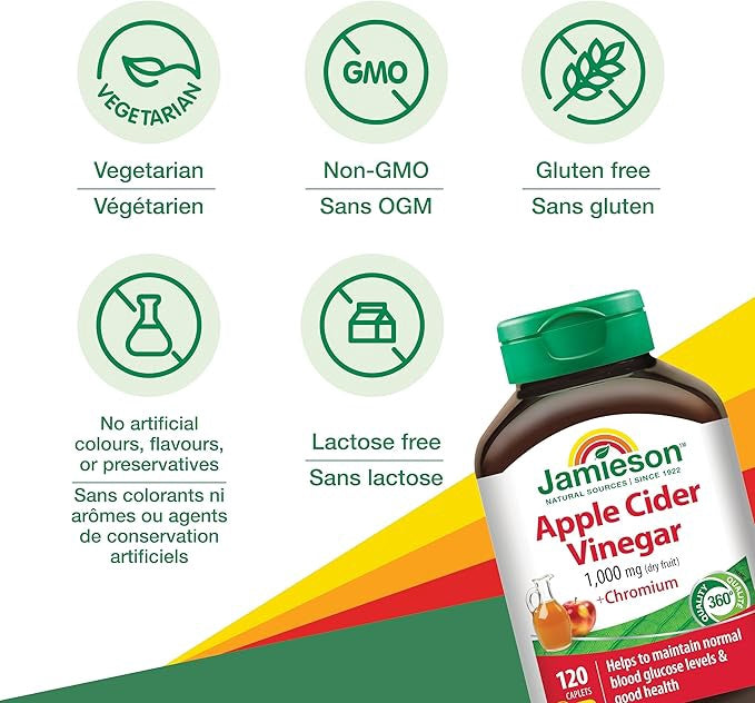 JAMIESON Apple Cider Vinegar & Chromium 1000MG (Dry Fruit) 120 Caplets