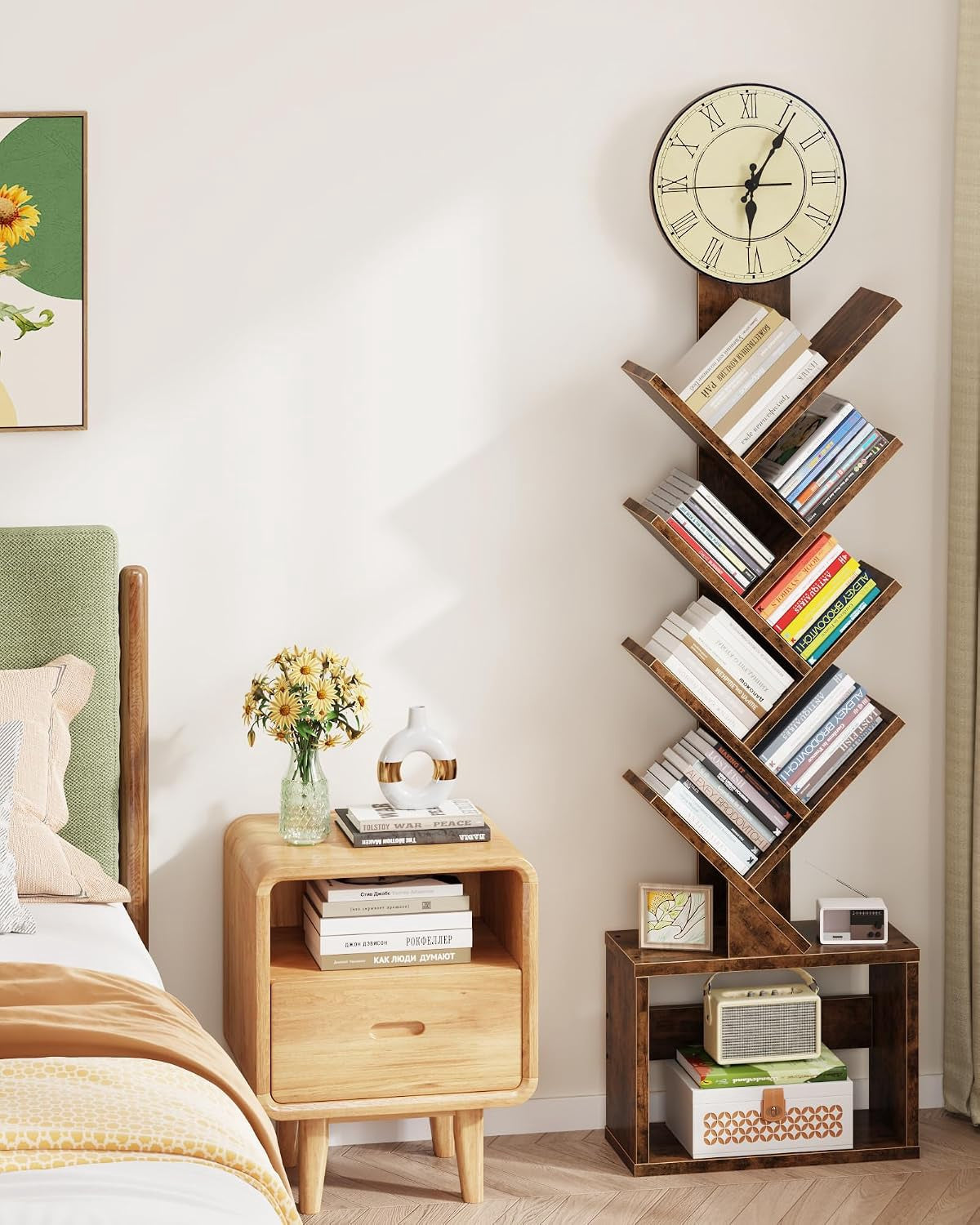 Bookshelf 7 Tier Tree W/ Clock Brown