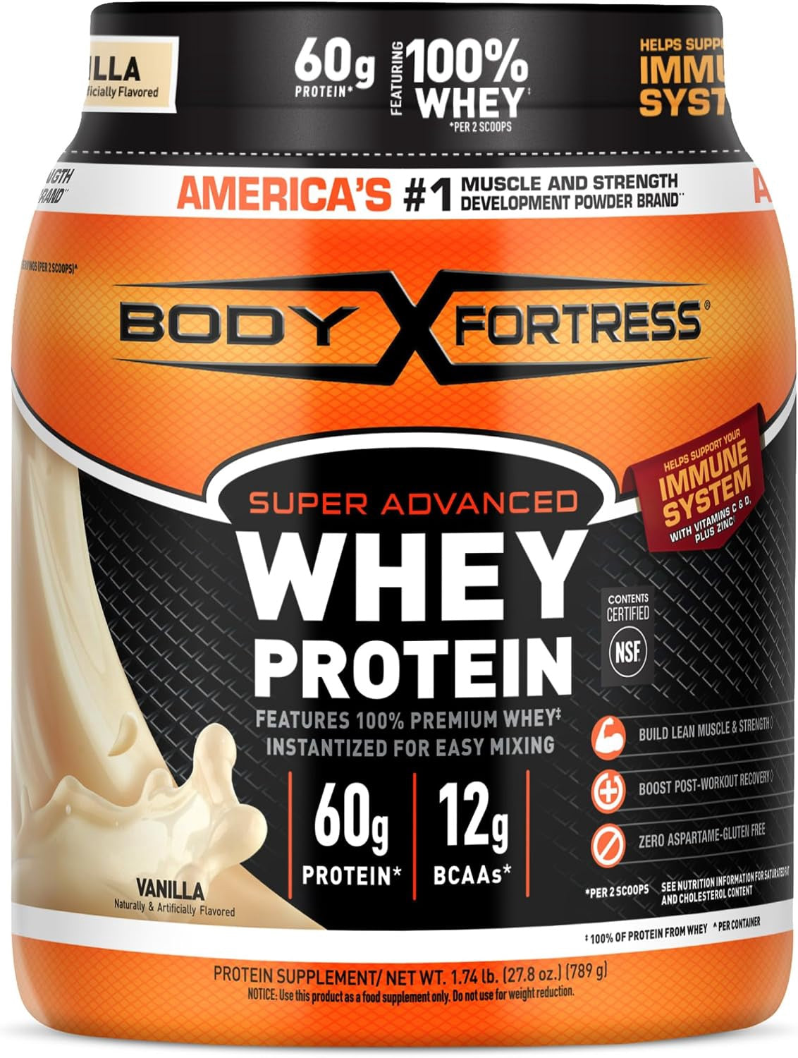 BODY FORTRESS Supplement Whey Protein Powder Vanilla 1.74LB