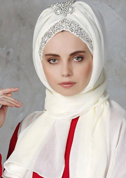 Hijab Scarf Chiffon with Bead & Rhinestone White