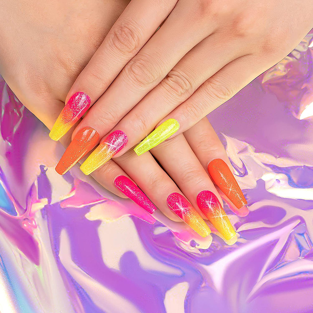 BEETLES Nails Polish Set Gel Nail Neon Glitter Kit Orange Hot Pink Blue Yellow Purple Green 6 Colors Soak Off Uv LED