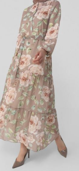 Dress Floral Taupe with Pink, Green Leaves
