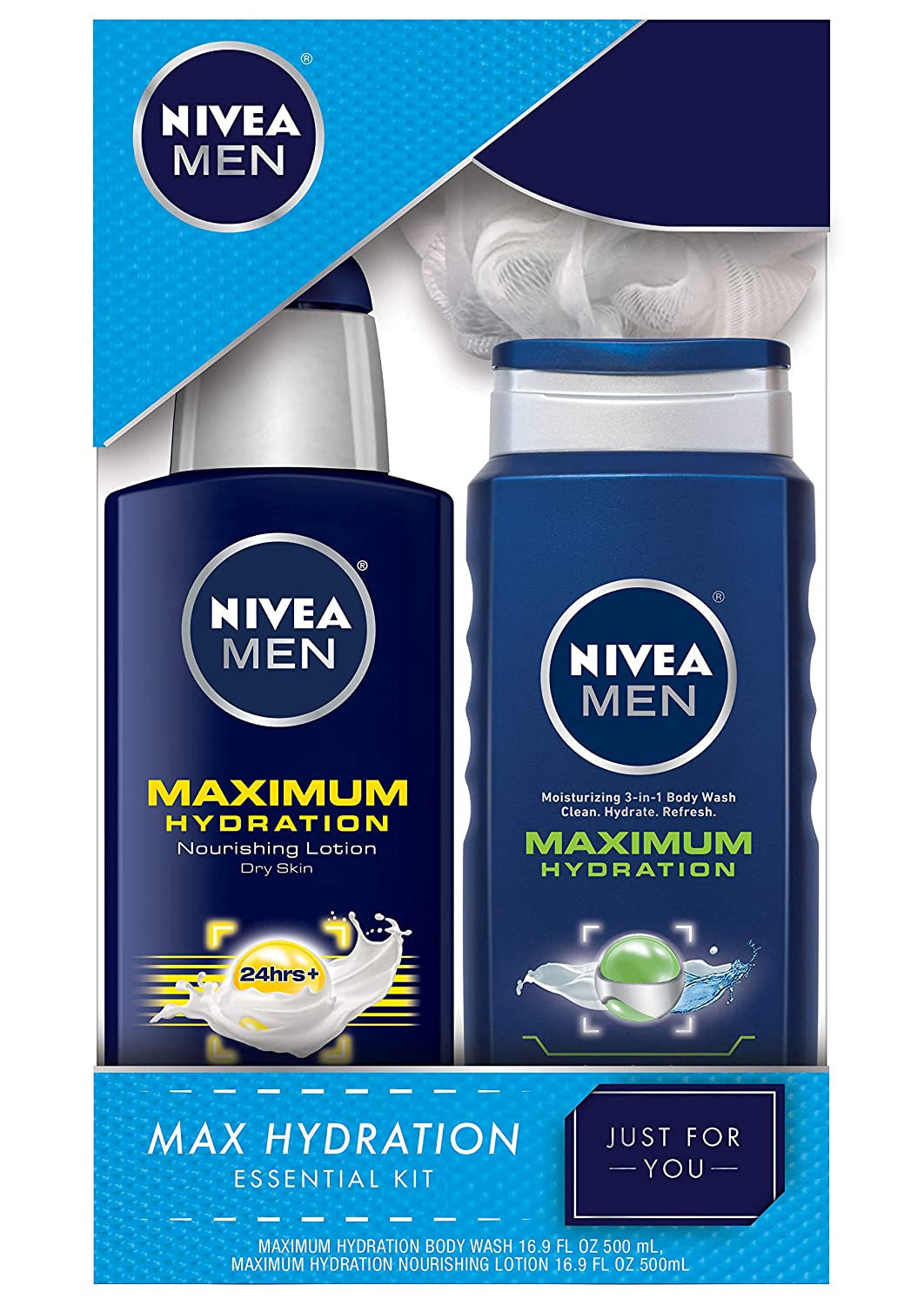 NIVEA Lotion Set Men Maximum Hydration Essential Pack Body Wash and Shower Loofah Included - Two 16.9 Fl OZ Bottles