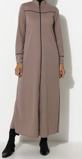 Gown Abaya Taupe / Black Zipper Front