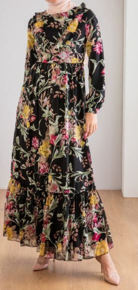 Dress Floral Lined Yellow & Brown
