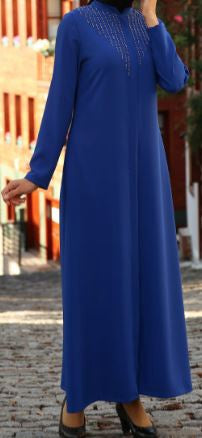 Gown Abaya Zipper Down Blue Pearls