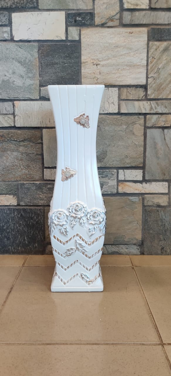 Vase 24" EQ106 White, Silver and Gold Butterfly