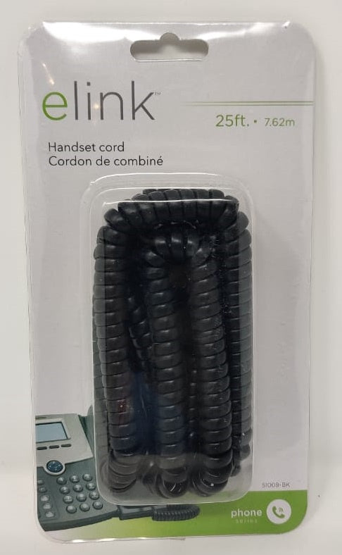 ELINK Telephone Handset Coiled Cord 25' 7.62M Black 51009-BK