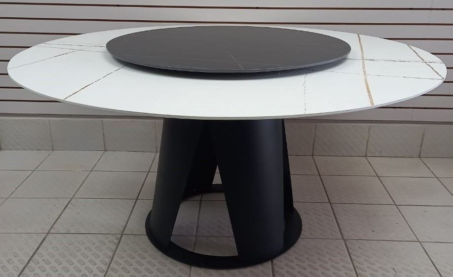 Dining Table Round 5FT Marble Top with Spinning Center Two Tone White Black JK97