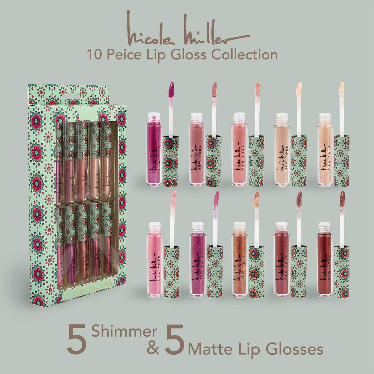 NICOLE MILLER Makeup Lip Gloss 10 Pack Shimmery Lip Glosses for Women and Girls, Long Lasting Color Lip Gloss Set with Rich Varied Colors (Green)
