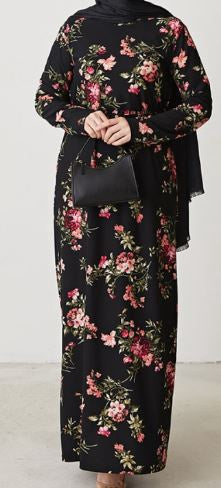 Dress Floral Black W/CORAL & Green
