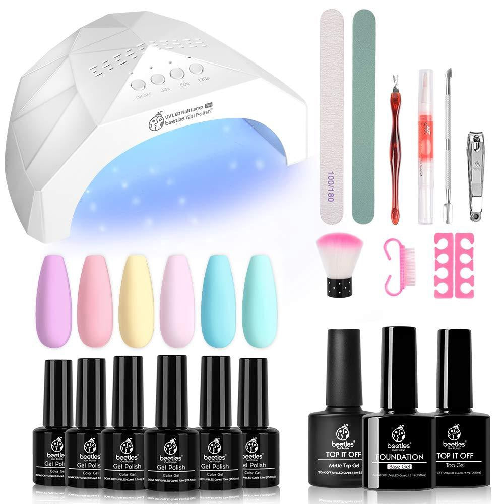 BEETLES Nails Pastel Gel Nail Polish Starter Kit with LED Light 48W Nail Lamp Base Gel Top Coat, Soak Off Base Gel Top Coats Yellow Pink Blue Gel Polish Set Gel Manicure Kit Essentials Nail Art Diy Home