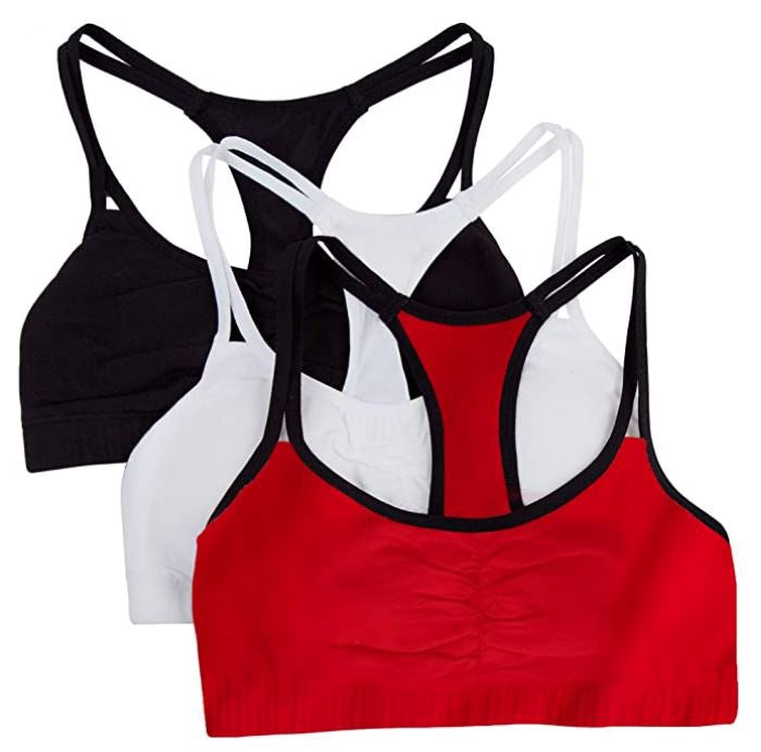 FRUIT OF THE LOOM Women Sports Bra Spaghetti Strap Cotton Pullover 3PACK RED/WHITE/BLACK
