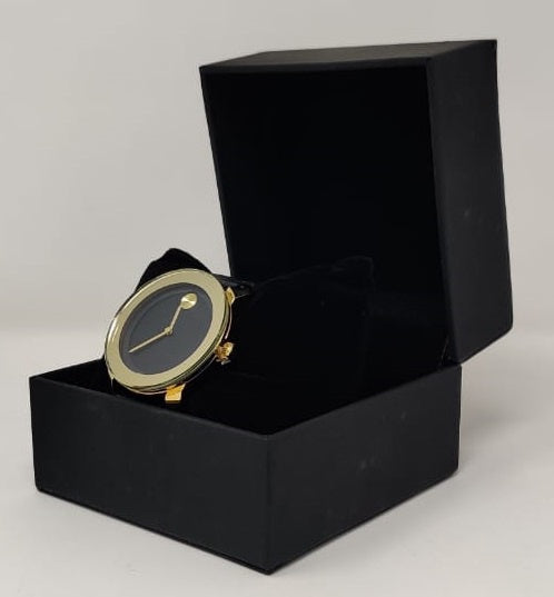 GENERIC Watch Fashion Women Gold with Black Leather Smooth Strap